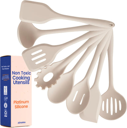 Non-Toxic Platinum Silicone Kitchen Utensil Set of 2 – Non-Scratch Cooking Spoon & Spatula, 100% Plastic Free, Stainless Steel Core, Heat Resistant 500°F, Beige