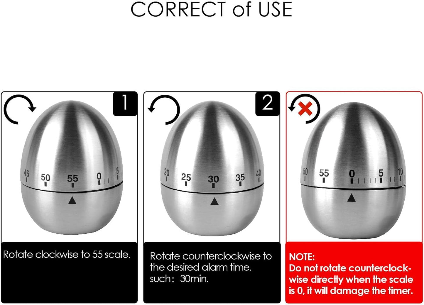 Jayron JR-WG015 Egg Kitchen Timer Stainless Steel Mechanical Rotating Alarm 60 Minutes Count Down Timer for Cooking Learning