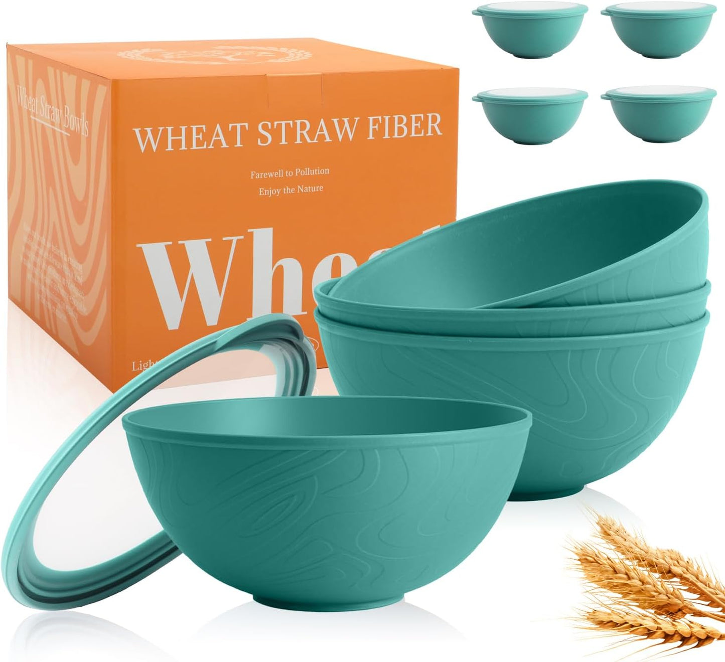 Wheat Straw Bowls Set with Lids, Unbreakable 40 OZ Cereal Bowls Set of 4, Salad Container for Lunch, Microwave & Dishwasher Safe Bowl Set for Kitchen, Picnic, RV, Camping, Multi