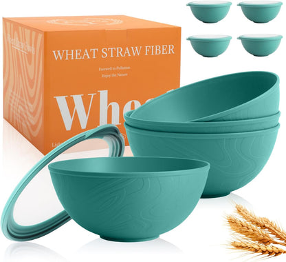 Wheat Straw Bowls Set with Lids, Unbreakable 40 OZ Cereal Bowls Set of 4, Salad Container for Lunch, Microwave & Dishwasher Safe Bowl Set for Kitchen, Picnic, RV, Camping, Multi