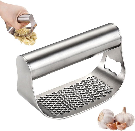 Stainless Steel Garlic Presser, Garlic Press Rocker Heavy Duty Stainless Steel Garlic Mincer, Garlic Chopper with Peeler And Cleaning Brush for Smash Garlic Kitchen Tools (A)