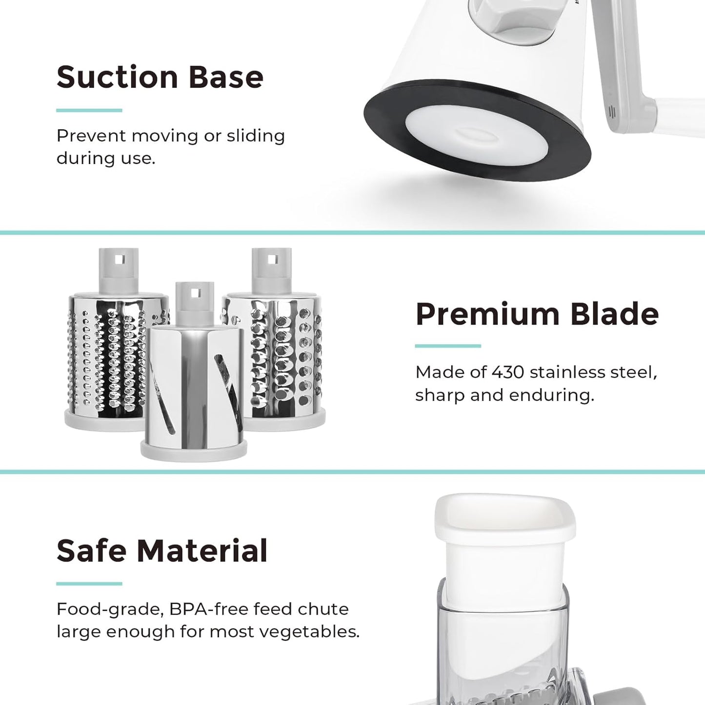 X Home Rotary Cheese Grater for Kitchen, Shredder with 3 Interchangeable Blades, Rotary Grater with Handle and Strong Suction Base, for Vegetables, Fruit, Nuts, Easy to Use and Clean, Blue