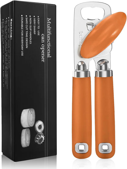 Safring Can Opener Manual, Heavy Duty Stainless Steel Smooth Edge Can Openers With Soft Touch Handle, Oversized Handheld Easy Turn Knob, Multi-Function Bottle Opener, Black