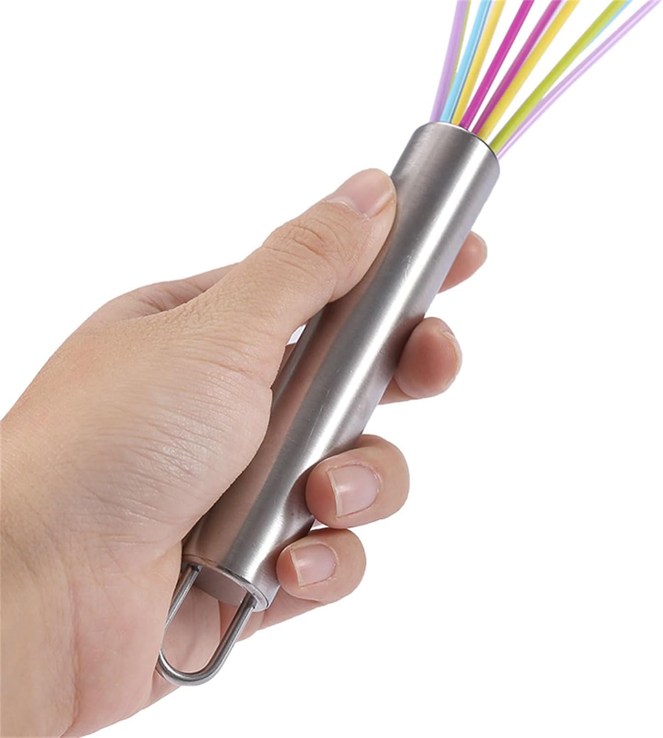 8 Inch Purple Silicone Whisk for Cooking Non Scratch, Small Manual Egg Beater and Baking Mixer, Rust-resistant Metal Wire Pastry Tool for Blending and Stirring