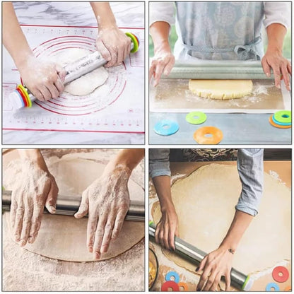 Rolling Pin and Baking Pastry Mat Set,Stainless Steel Dough Roller,Rolling Pins with Adjustable Thickness Rings,for Baking Fondant,Pizza,Pie,Pastry,Pasta,Dough