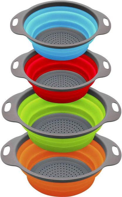 QiMH Collapsible Colander and Strainer Set of 4, 2 PC 4 Quart(1 gal) and 2 PC 2 Quart(0.5 gal), Food-grade Sturdy Plastic Base - Round Space-save Silicone Kitchen Foldable Strainer for Pasta, Veggies