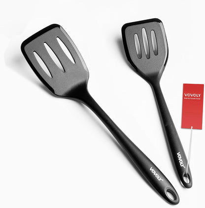 Large Size Silicone Spatula Set, 600°F Heat Resistant Silicone Spatula Turner Flipper for Cooking, Non Stick and Non Scratch Kitchen Utensils for Eggs & Pancakes, 2-Pack, Black