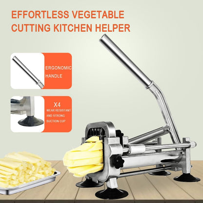 French Fry Cutter Stainless Steel, Heavy Duty Stainless Steel Manual Potato Slicer, Commercial 1/2 3/8 Inch Blades Potato Cutter with Brush, Wrench & Sucker (1/2"&3/8" cutter)