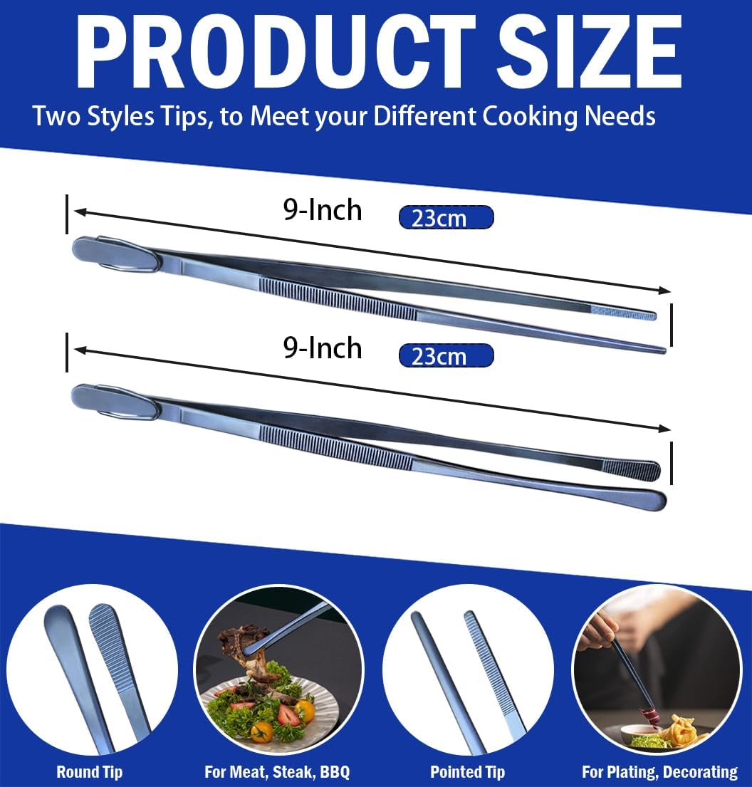 JETKONG 2 Pcs 12-Inch Kitchen Tweezers Fine Tweezer Tongs, Extra-Long Stainless Steel Cooking Tweezers (Silver)