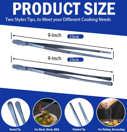 JETKONG 2 Pcs 12-Inch Kitchen Tweezers Fine Tweezer Tongs, Extra-Long Stainless Steel Cooking Tweezers (Silver)