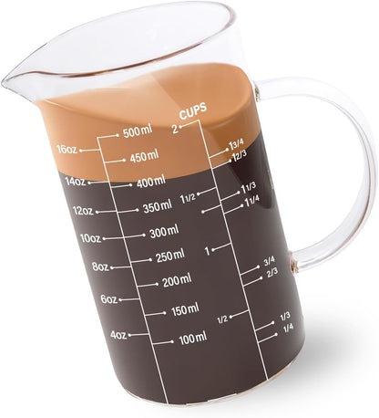 Newness 2-Cup Glass Measuring Cup For Baking and Cooking, (Upgraded, 3 Marking Including Cup/ML/Ounce Scale) Dishwasher, Freezer, Microwave, and Preheated Oven Safe, Essential Kitchen Tools