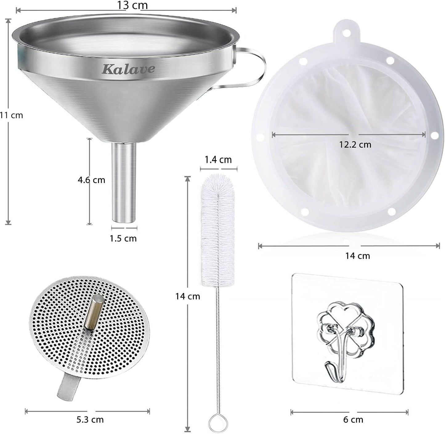 KALAVE Premium Stainless Steel Funnel, 5 Inch Food Grade Kitchen Funnels with 200 Mesh Food Filter Strainer for Filling Bottles, Oils, Juice, Wine, Coffee, Milk