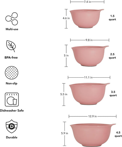 KitchenAid Universal Nesting Plastic Mixing Bowls, Set Of 3, 2.5 quart, 3.5 quart, 4.5 quart, Non Slip Base with Easy Pour Spout to Reduce Mess, Dishwasher Safe, Aqua Sky, White, Gray