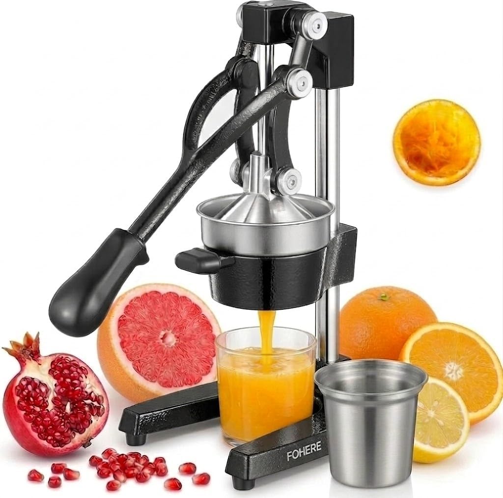 FOHERE Orange Juicer Squeezer, Cast Iron Lemon Squeezer, Commercial Citrus Juicer Hand Press for Orange, Lemon, Pomegranate, Grapefruit, Easy to Clean Citrus Squeezer with a Stainless Steel Cup