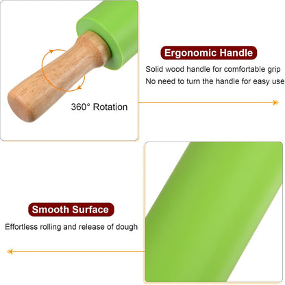 HARFINGTON Silicone Rolling Pins for Baking 12.2 Inch Non-Stick Silicone Surface Wooden Handle Rolling Pin Small Roller Playdough Rolling Pins for Fondant Kitchen Dough Pizza, Green