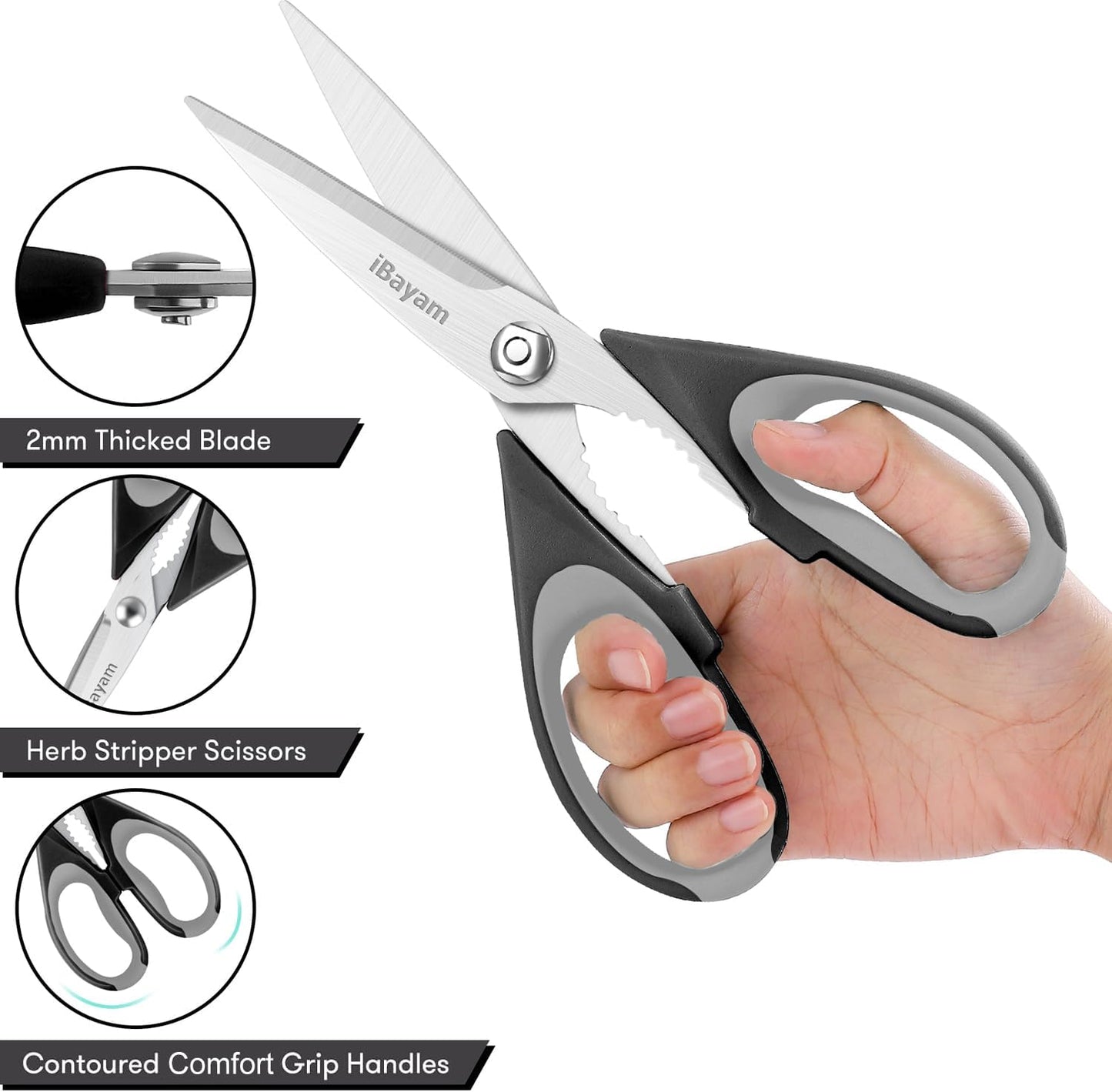 iBayam 3-Pack 8.5"Kitchen Scissors All Purpose Heavy Duty with Protective Sheath, Soft Grip Comfort Handle, Dishwasher Safe Kitchen Utensils Gadgets Set, Stainless Cooking Meat Poultry Food Shears