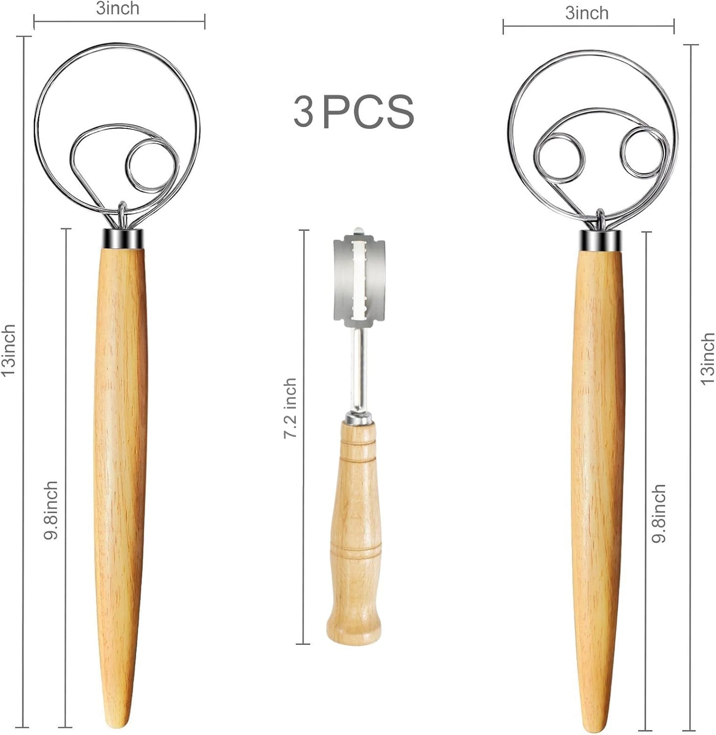 Danish Dough Whisk 2Pcs, Dutch Bread Whisk Hook, 13 Inch Premium Pastry Whisks, Wooden Hand Mixer, Stainless Steel Sourdough Baking Tools for Bread, Batter, Cake and More