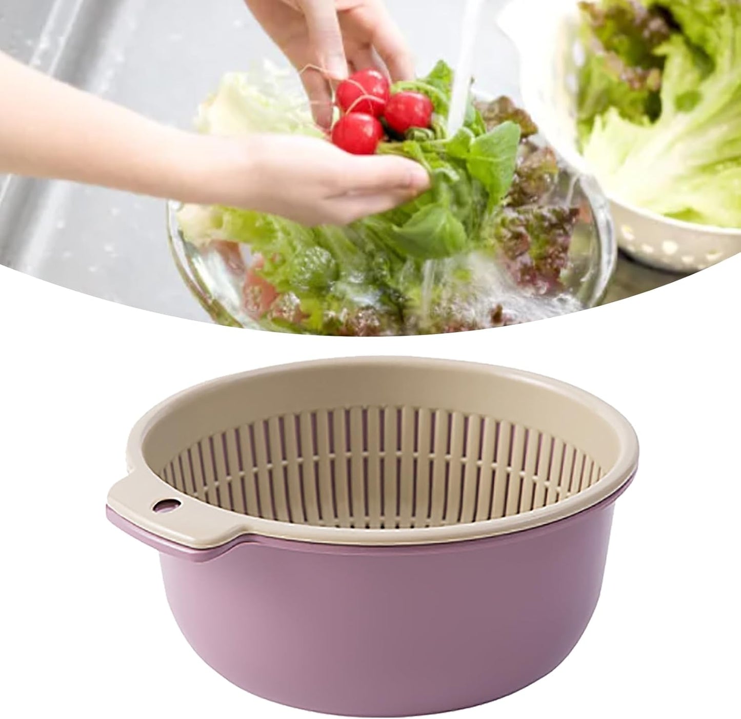 Fruits Vegetables Washing Basket,Round Plastic Double Layer Kitchen Strainer Colander Bowl Set Pasta Noodles Washing Basket for Fruit Vegetable Wash ()
