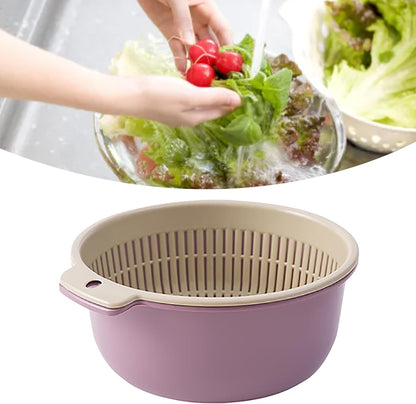Fruits Vegetables Washing Basket,Round Plastic Double Layer Kitchen Strainer Colander Bowl Set Pasta Noodles Washing Basket for Fruit Vegetable Wash ()