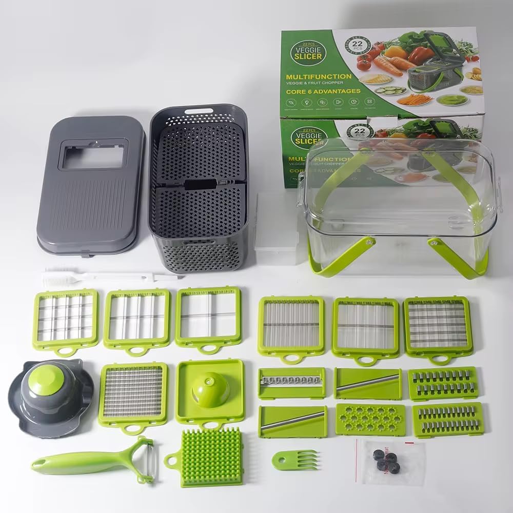 22-in-1 Vegetable Chopper with Container, Food Dicer Cutter, Mandoline Slicer & Cheese Grater, BPA-Free Kitchen Gadget for Onion, Potato, Cucumber & Veggies