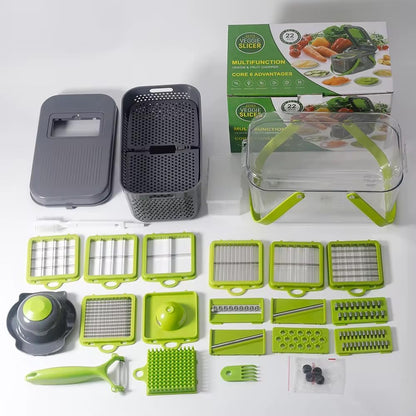 22-in-1 Vegetable Chopper with Container, Food Dicer Cutter, Mandoline Slicer & Cheese Grater, BPA-Free Kitchen Gadget for Onion, Potato, Cucumber & Veggies