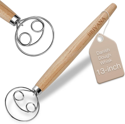 Danish Dough Whisk, Sourdough Bread Whisk with Wooden Handle, 13-Inch Stainless Steel Single Loop Dough Mixer for Bread Making, Pizza Dough, Batter and Pastry