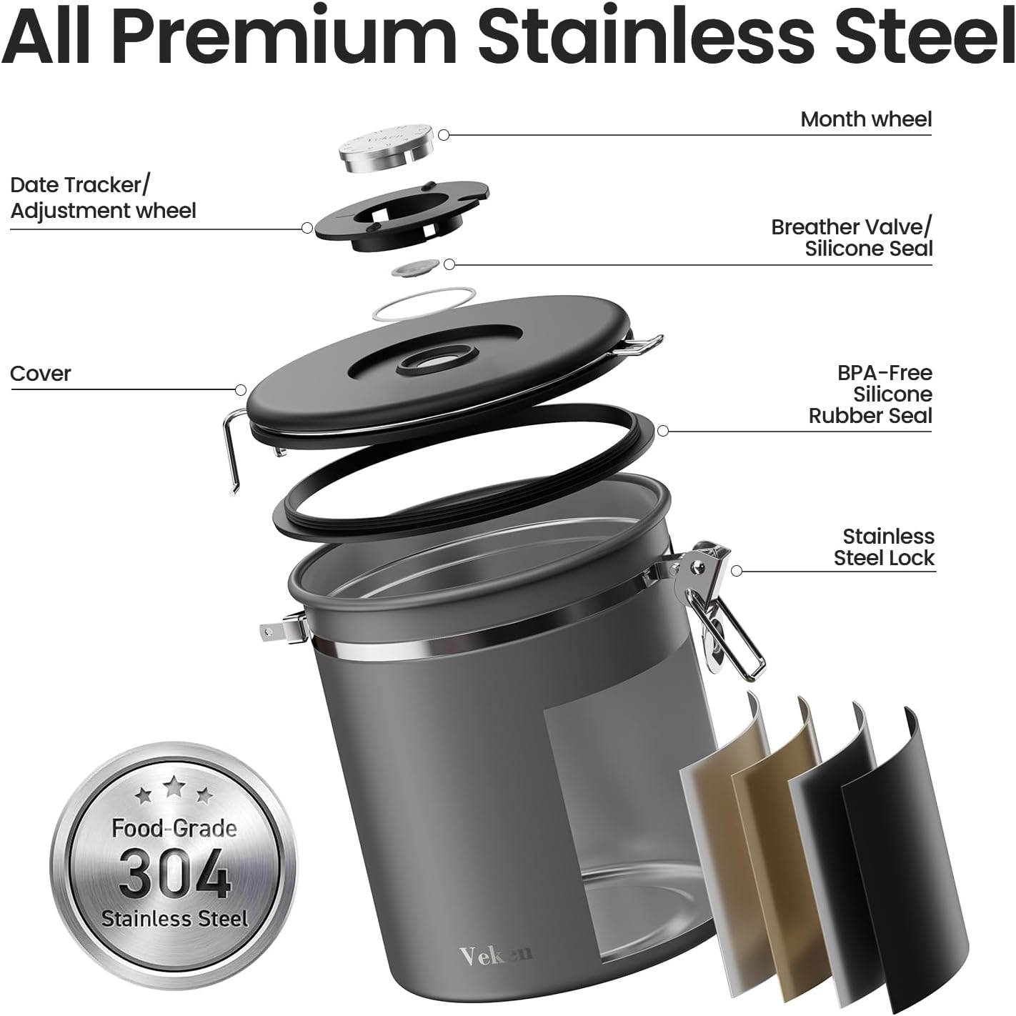Veken Coffee Canister, Airtight Stainless Steel Kitchen Food Storage Container with Date Tracker and Scoop for Beans, Grounds, Tea, Flour, Cereal, Sugar, Cookie, 16OZ, Cream