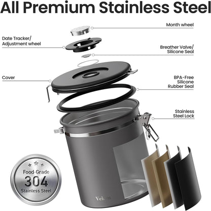 Veken Coffee Canister, Airtight Stainless Steel Kitchen Food Storage Container with Date Tracker and Scoop for Beans, Grounds, Tea, Flour, Cereal, Sugar, Cookie, 16OZ, Cream