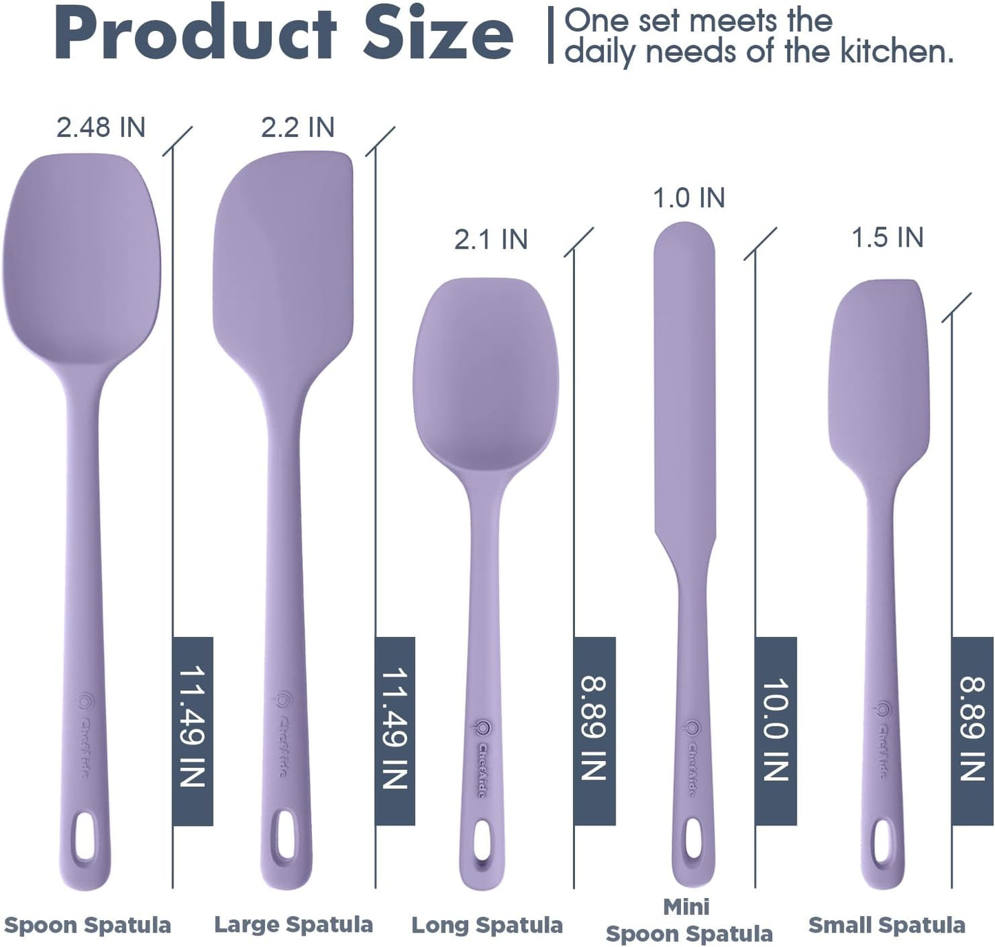ChefAide 5 Pieces Silicone Spatula Set, Food Grade Rubber Spatula, Upgrade Strong Handle with Ergonomic Grip, Heat Resistant Up to 600°F for Nonstick Cookware, Cooking
