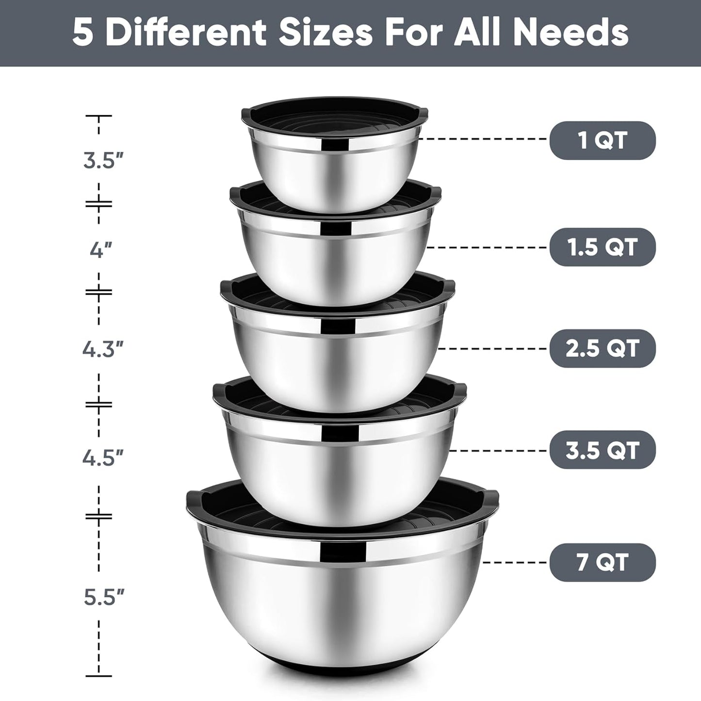TeamFar Mixing Bowls with Lids Set, 7/3.5/2.5/1.5/1 QT, Stainless Steel Large Red Nesting Metal Salad Mixing Bowl Set of 5, Healthy & Easy Clean, Airtight Lid & Non-slip Bottom