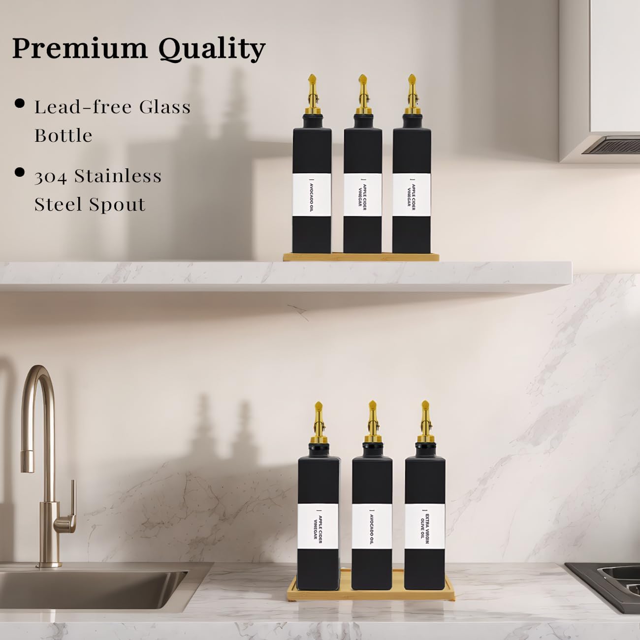 Olive Oil Dispenser Bottle for Kitchen with Bamboo Tray- 16.9oz Glass Oil and Vinegar Dispenser Set, Soy Sauce & Syrup Bottle, Modern Hostess Gift (Green, Set of 2)