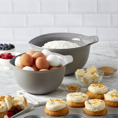 KitchenAid Universal Nesting Plastic Mixing Bowls, Set Of 3, 2.5 quart, 3.5 quart, 4.5 quart, Non Slip Base with Easy Pour Spout to Reduce Mess, Dishwasher Safe, Aqua Sky, White, Gray