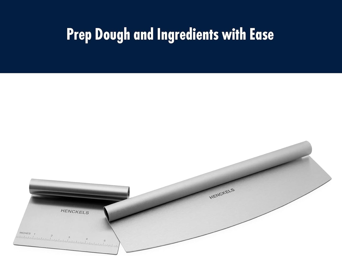 HENCKELS BBQ 2-pc Stainless Steel Pizza Cutter and Bench Scraper Set, Rocking Blade with Safety Guard and Measuring Scraper for Dough, BBQ and Baking