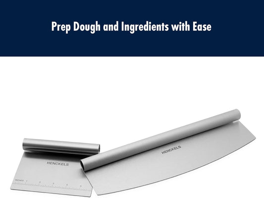 HENCKELS BBQ 2-pc Stainless Steel Pizza Cutter and Bench Scraper Set, Rocking Blade with Safety Guard and Measuring Scraper for Dough, BBQ and Baking
