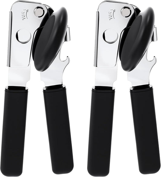 2 Pack Can Opener Manual with Magnet, Heavy Duty Handheld Can Opener for Seniors with Sharp Blade and Grip Handle, Solid Steel Tin Cutter for Kitchen Camping, Black