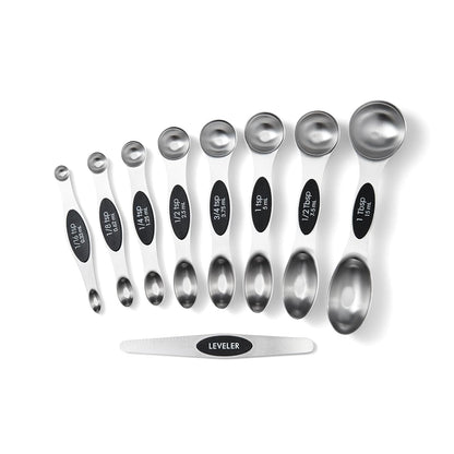 Magnetic Measuring Spoons Set, 9-Piece Stainless Steel with Leveler, Stackable Double-Sided Spoons, Black