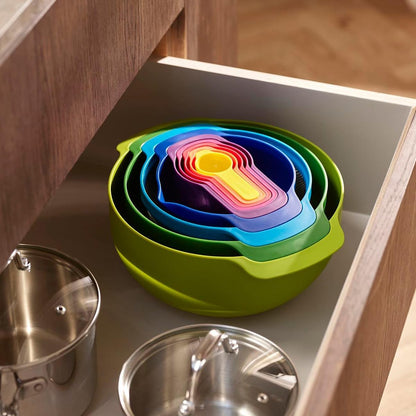 Joseph Joseph Nest 9 Plus, 9 Piece Compact Food Preparation Set with Mixing Bowls, Measuring cups, Sieve and Colander, MultiColor