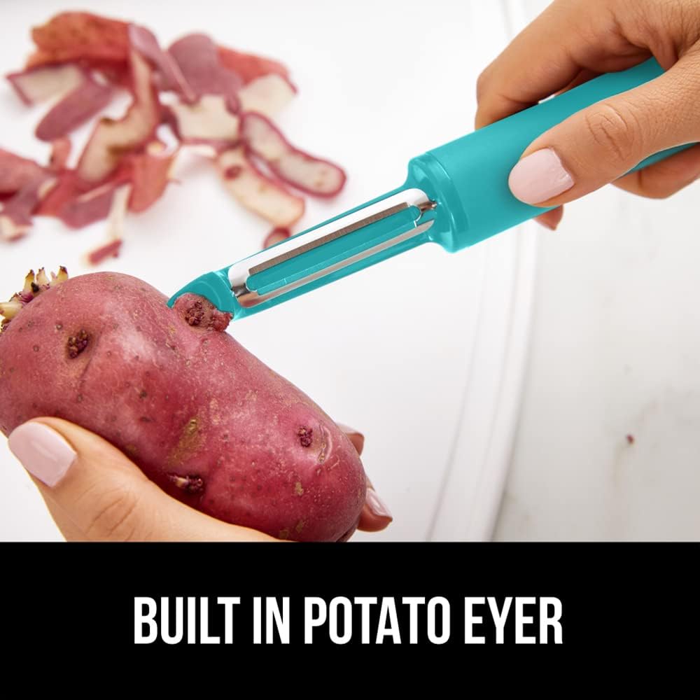 GORILLA GRIP® Patented BPA-Free Vegetable Peeler, Extra Sharp Swivel Stainless Steel Blades with Guard, Comfortable Soft Handle, Easily Peel Carrots or Fruit, Potato Eye Remover, Washer Safe, Black