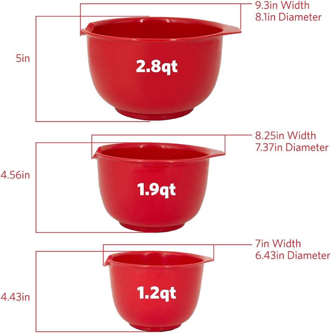 Glad Mixing Bowls with Pour Spout, Set of 4 - Nesting Plastic Bowls (1.2qt, 1.9qt, 2.8qt, and 3qt with Handle) - Non Slip Base, Dishwasher Safe Kitchen Cooking and Baking Supplies, Grey
