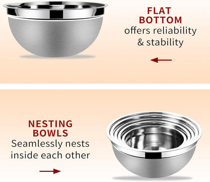 Lazycorner Stainless Steel Mixing Bowls with Airtight Lids Set of 7 Stainless Steel Bowls Set with 3 Grater Attachments Great for Serving & Baking