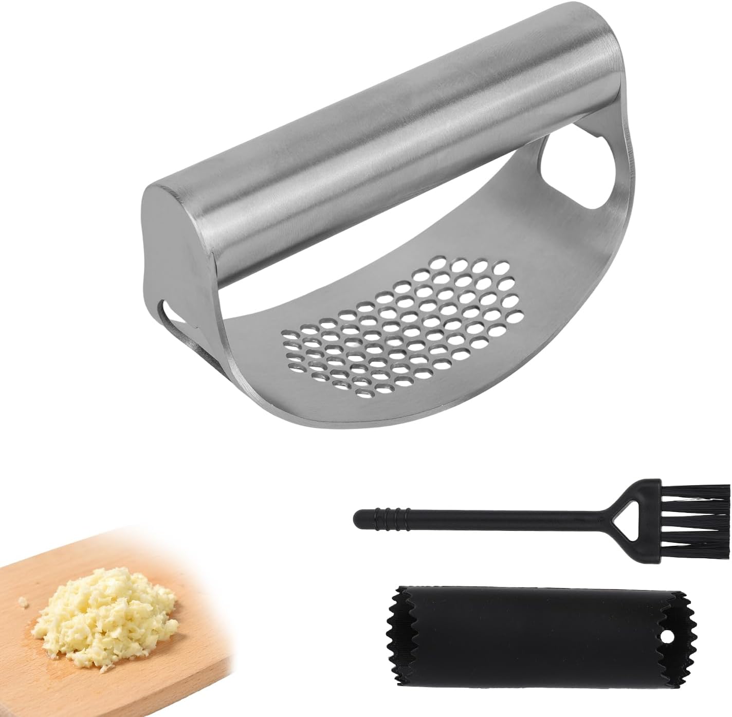 Stainless Steel Hand Garlic Rocker Presser Set, Garlic Press Smasher with Plastic Peeler Roller and Brush Ginger Crusher Mincer Cutter Supplies for Kitchen Dicer Chopper Grater Gadgets