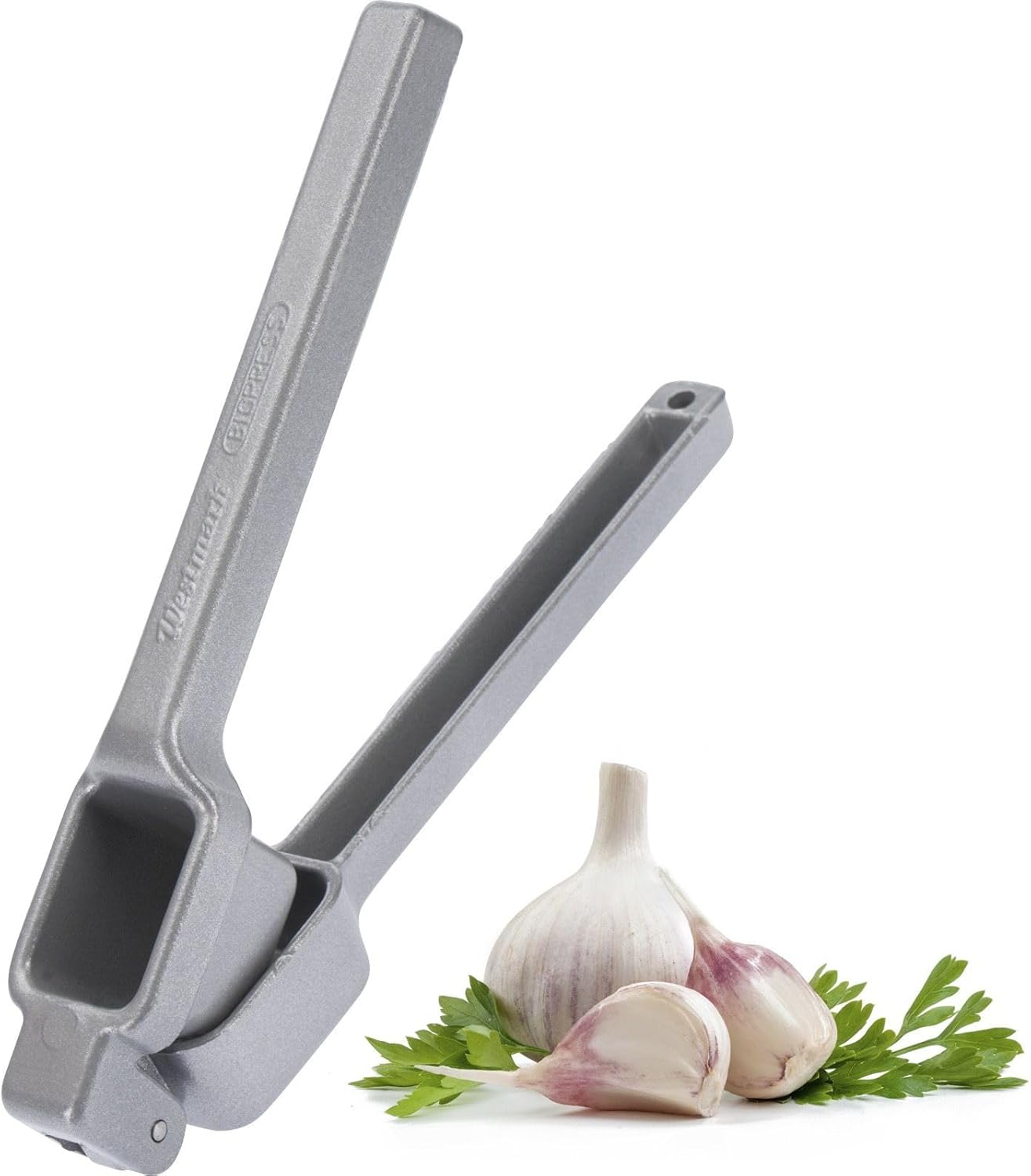 Westmark Germany Multipurpose Garlic Press with Olive Pitter, Nutcracker and Fish Scaler (Grey)