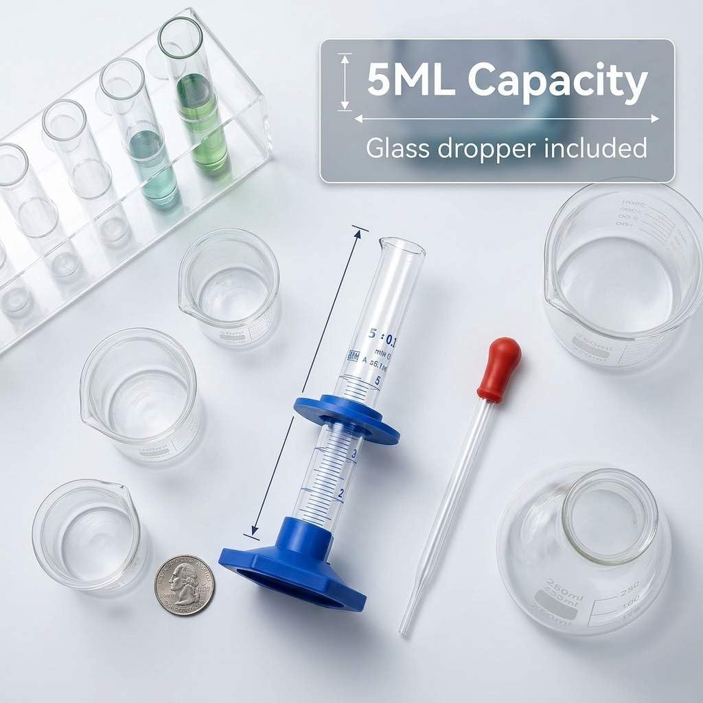 QWORK Thick Glass Graduated Cylinder 5ml Measuring Cylinder, with Plastic Base and Bumper Guards 3.3 Borosilicate Glass Lab Cylinder for Liquid Measurement with Glass Dropper