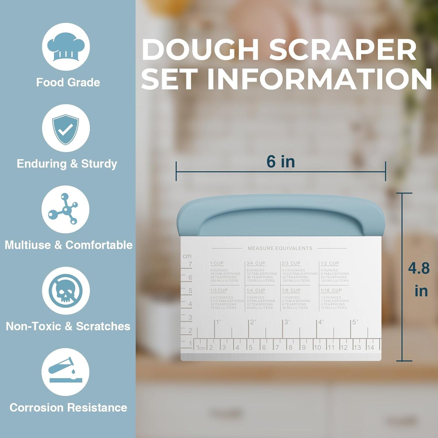 Bench Scraper Dough Cutter Tool - Bowl Pastry Scraper for Bread Cake Pizza, Bench Knife Kitchen Dough Scraper for Baking, Stainless Steel Food Scraper with Grip Handles & Measuring Scal, Blue