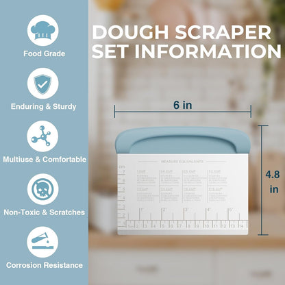 Bench Scraper Dough Cutter Tool - Bowl Pastry Scraper for Bread Cake Pizza, Bench Knife Kitchen Dough Scraper for Baking, Stainless Steel Food Scraper with Grip Handles & Measuring Scal, Blue