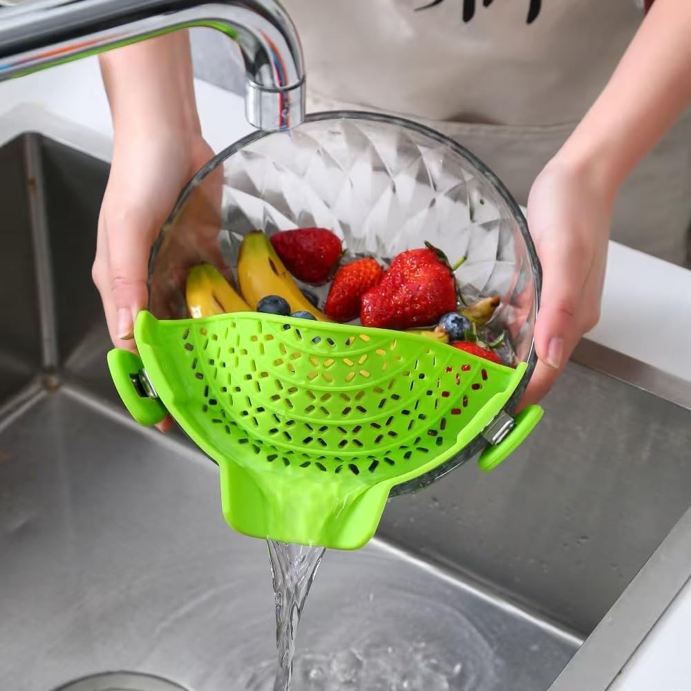 Pasta Strainer Clip-on Silicone Colander for Pot, Pan & Bowl, Heat-Resistant BPA Free Food Drainer with Stainless Steel Clips for Noodle, Meat, Fruit & Vegetable, Space Saving Kitchen Gadget