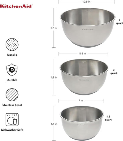 KitchenAid Universal Nesting Plastic Mixing Bowls, Set Of 3, 2.5 quart, 3.5 quart, 4.5 quart, Non Slip Base with Easy Pour Spout to Reduce Mess, Dishwasher Safe, Aqua Sky, White, Gray