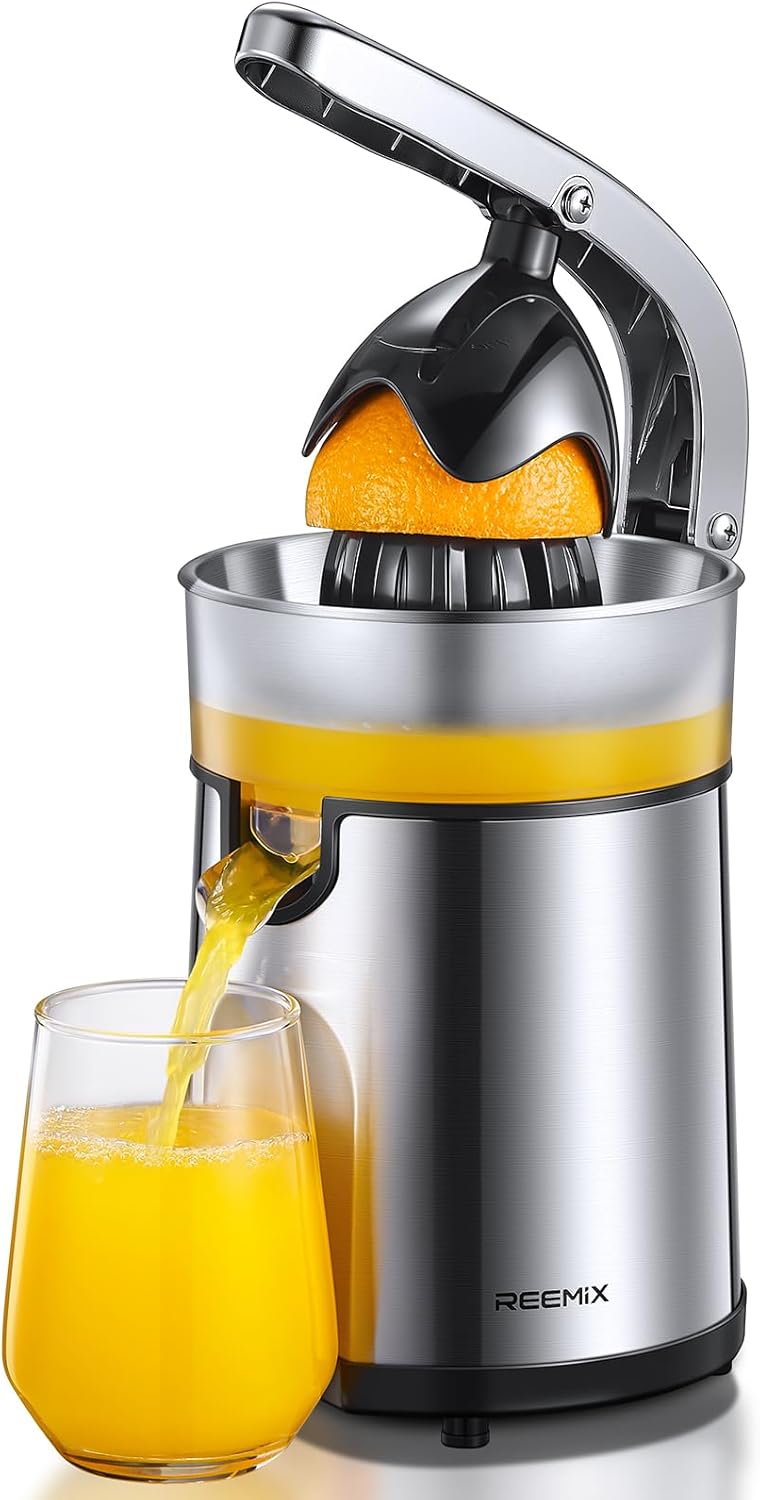 Electric Citrus Juicer Squeezer, Orange Juicer with Two Interchangeable Cones, Suitable for orange, lemon and Grapefruit, Brushed Stainless Steel, Easy to Clean and Use (Black+Silver)