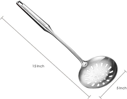 Slotted Spoon,304 Stainless Steel Skimmer Spoon with Heat Resistant Wooden Handle,Silver/15.8Inch
