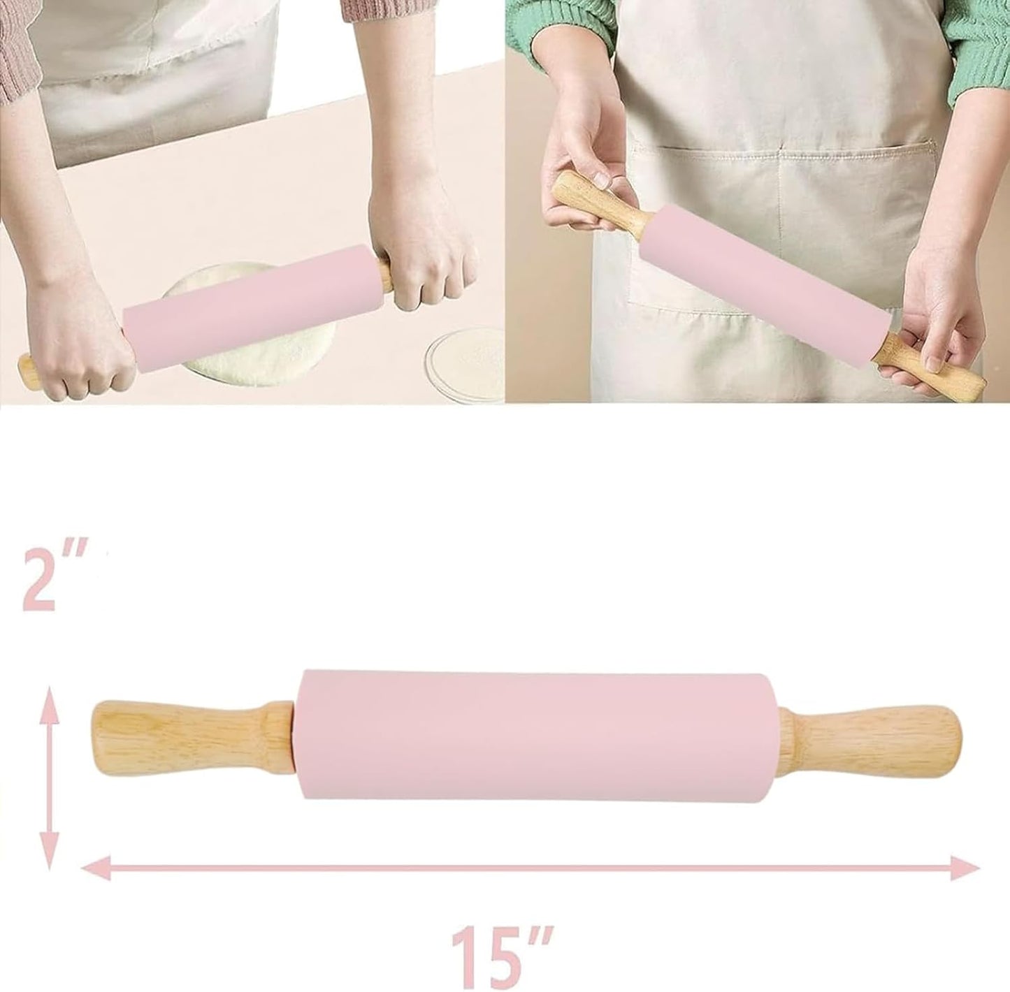 Silicone Rolling Pin for Baking,15Inch Pastry Dough Roller with Wooden Handle,Non Stick Surface Rolling Pin for Dough Cookie Pastry Tapered Dumpling Baking Supplies Kitchen Accessories